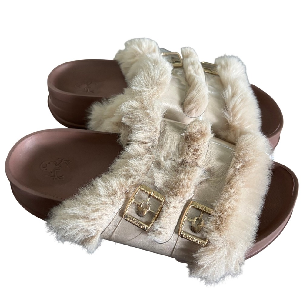 EUC KuaiLu Faux Fur Double Strap Slide Sandals Sz 7 Cream Brown Comfort Orthotic